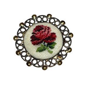 Vintage Petit Point Rose Brooch Gold Tone Filigree Edge Round